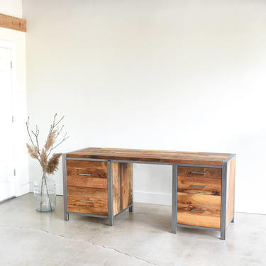 Industrial Desk made from Reclaimed Wood + Steel / 5- Drawers with Built in Filing 