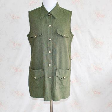 Vintage 70s Safari Shirt, 1970s Khaki Cargo Shirt, Button Down, Military, Green, Tunic, Sleeveless 