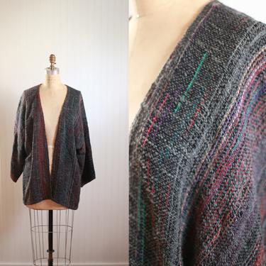 artsy fuzzy knit multicolor open cardigan // vintage womens clothing rainbow metallic thread one size 