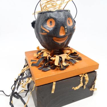 Vintage Reproduction Bobble Head Black Cat Lantern in Wooden Box Candy Container for Halloween, Seasons Gone By 
