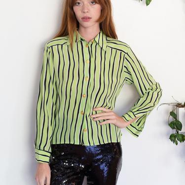 Vintage ESCADA Lime Green Silk Striped Button Down Blouse with Gold Shell Buttons Collared  sz XS S Top Minimal Navy Blue White Mint 