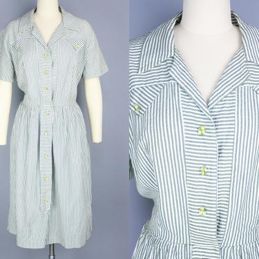 1950s Seersucker Dress | Vintage 50s 60s Day Dress with Floral Applique Details | xl 