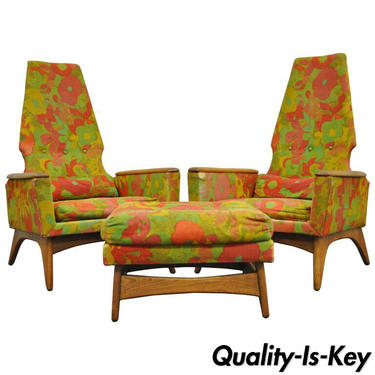 Pair Kroehler High Back Adrian Pearsall Style Walnut Lounge Chairs and Ottoman