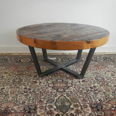 Reclaimed Wood and Welded Steel Industrial Style Round Coffee Table 