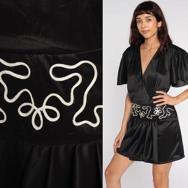 Black Party Dress Grecian Dress 70s Mini FLUTTER SLEEVE Dress 1970s Boho Low Waist Deep V Neck Drape Gown Formal Medium Large 