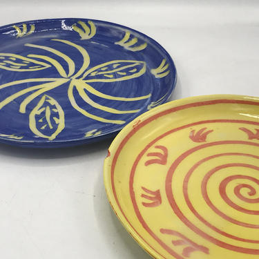 Pair of handmade thrown  Pottery Plates- Bright Blue, Yellow and Orange- Signed by Artist 