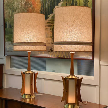 Pair of Walnut Modern Dual light Lamps, Circa 1960s - *Please ask for a shipping quote before you buy. 