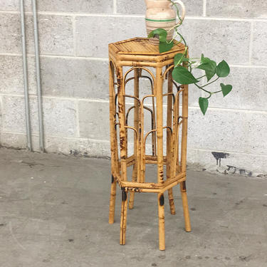 Vintage Plant Stand Retro 1980s Rattan or Bamboo Frame + Bohemian Style + Plant Display + Hexagon Shaped Top + Indoor Home Decor 