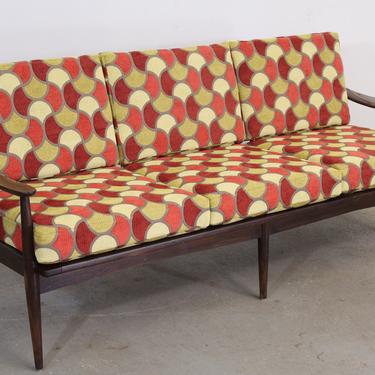 Mid-Century Modern Groovy Geometric 3 Cushion Open Arm Walnut sofa 