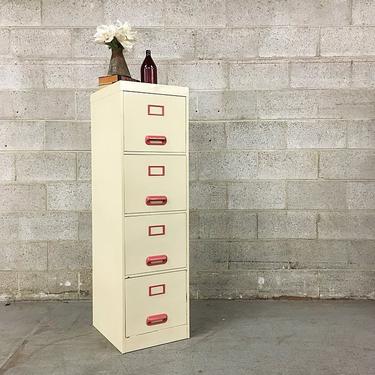 Vintage Metal Filing Cabinet Retro Four Draw File Office Storage Creme with Red Wood Handles LOCAL PICKUP ONLY 