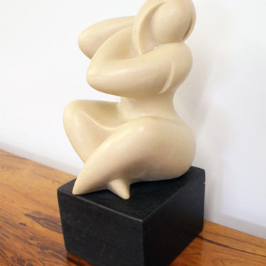 Mid-Century Modern J. Martinek Cubist Resin Sculpture of Seated Curvy Woman 