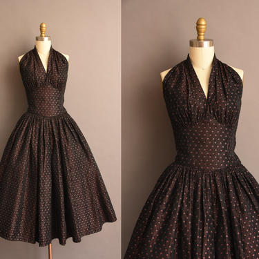 vintage 1950s mauve floral design halter sweeping full skirt cocktail party dress 50s vintage Small full skirt bombshell dress 