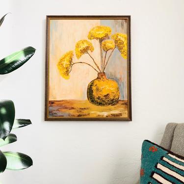 Vintage 1970s Yellow Floral Impasto Oil Painting 