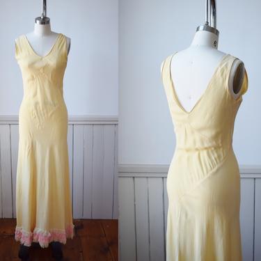 1930s Yellow Rayon Gown with Bolero | S | wounded bird | Vintage 30s Bias Cut Dress with Deep V Neck 