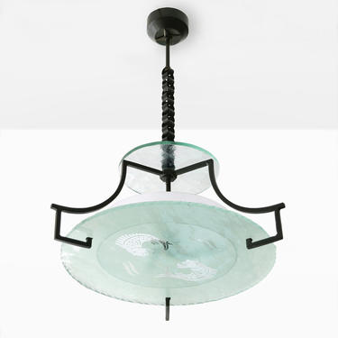 Swedish Etched glass and iron chandelier with fish and wave design.