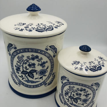Vintage (2)  piece Blue and White Blue Onion  porcelain kitchen canister set - Heritage Japan 