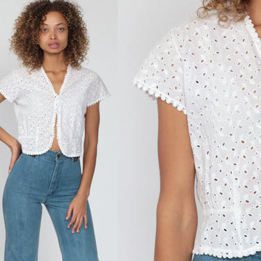 Eyelet Lace Blouse White Cotton Crop Top Boho Vintage 70s Cropped Shirt 1970s Cap Sleeve Button Up Bohemian Shirt Small 