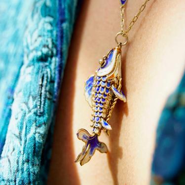 Vintage Chinese Cloisonne Enamel Koi Fish Pendant Necklace, Articulated Blue Enamel Pendant With Matching Gold Tone Chain, 23&quot; Long 