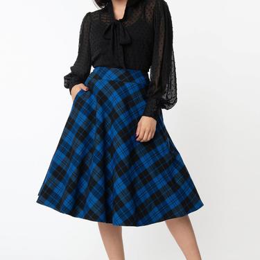 Unique Vintage Black & Blue Plaid Vivien Swing Skirt