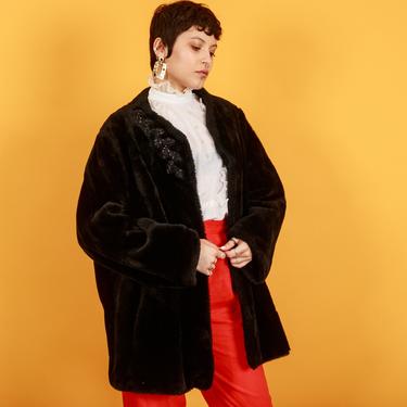 70s Black Oversize Faux Fur Coat Vintage Puffy Beaded Coat Jacket 