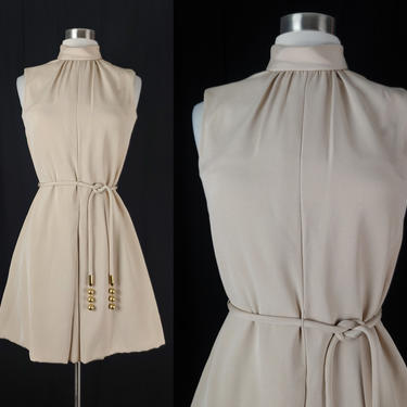 Vintage Sixties Morton Miles for Saks Fifth Avenue Sleeveless Mini Dress - 60s Small Beige Belted Turtleneck Mod Dress 
