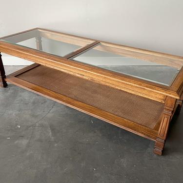 Vintage 1970s Coffee Table with Glass Top and Cane Shelf