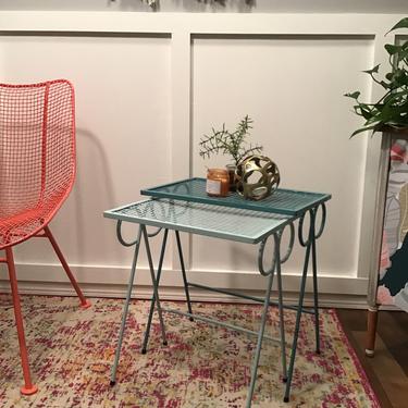 Vintage Iron Woodward Style Metal mesh nesting tables, teal blue end tables 1950s Metal Mesh Tables, plant stands MCM Midcentury 