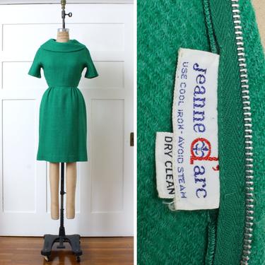 early 1960s vintage wool wiggle dress • kelly green cowl neck dress with short sleeves 