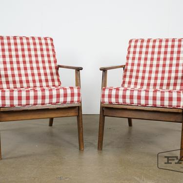 Pair of MCM lounge chairs with plaid upholstery