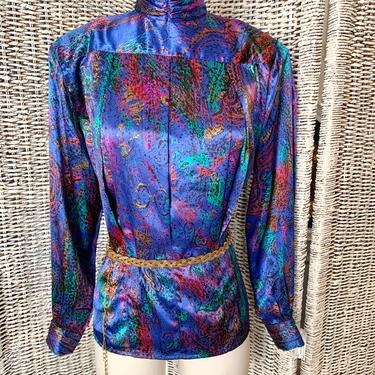 Artsy Print Vintage Top, High Neck, Jewel Tones, Silky Polyester Blouse, Tapered Fit 