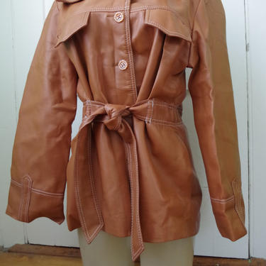 Vintage 1970s Pleather Vinyl Faux Leather Women's Jacket size L 13/14 Caramel Color 