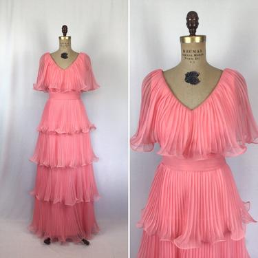 Vintage 60s dress | Vintage pink chiffon tiered accordion pleated cocktail dress | 1960s Miss Elliette  party dress 
