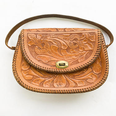1950s Brown Tooled Leather Purse | 50s Tooled Leather Handbag 