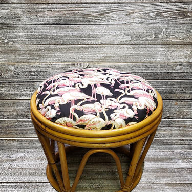 Vintage Bamboo Footstool, Bentwood Ottoman, Pink Flamingo Cushion, Boho Rattan Round Stool, Vintage Home Decor Ottoman, Vintage Furniture 