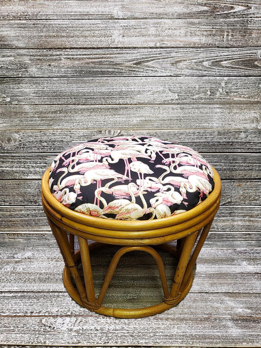 Vintage Bamboo Footstool Bentwood, Round Rattan Ottoman Cushion