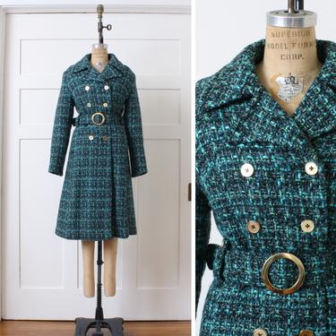 vintage 1960s wool coat • textured shades of turquoise blue • belted double breasted coat 