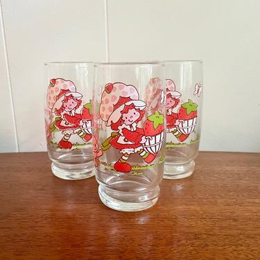 Set of 3- Vintage Strawberry Shortcake Collectable Water Glass, American Greeting Corp Cartoon Classics 