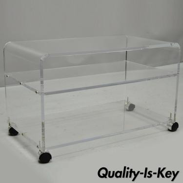 Mid Century Modern Thick Clear Lucite Low Waterfall Rolling Bar Cart TV Stand