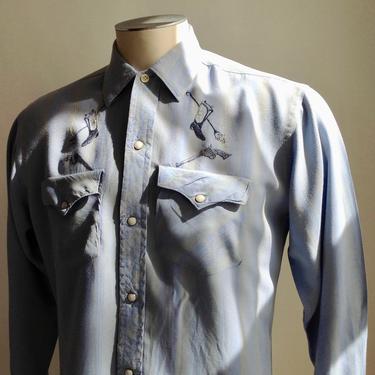 1950'S Western Shirt / GUNS &amp; BOOTS / Embroidery Details / Rodeo Cowboy / Men's Size Medium 