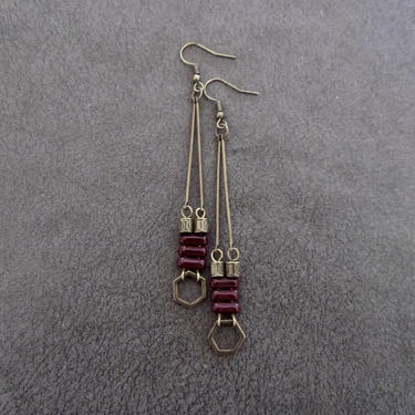 Minimalist burgundy red earrings, bronze mid century earrings, statement earrings, brutalist earrings, Chartreuse earrings, simple dangle 