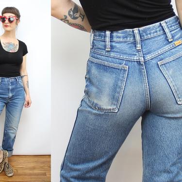 Vintage 80's Faded Blue Denim Rustler Jeans / 1980's Straight Leg Jeans / Worn In / Women's Size 30&amp;quot; Waist / 11&amp;quot; Rise by Ru