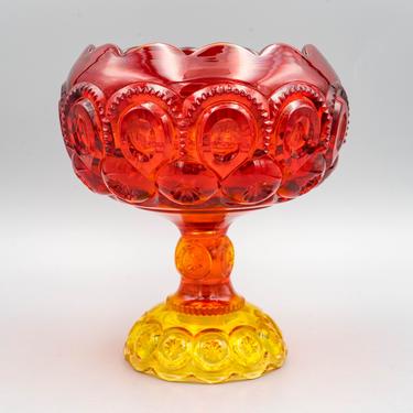 LE Smith Glass Amberina Moon and Stars Standing Bowl | Vintage Mid Century Glassware Red and Yellow 