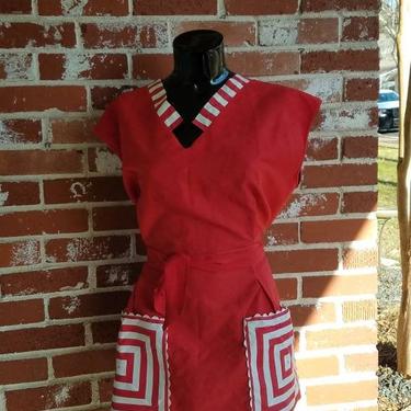 Vintage 40s Red Top Cotton RARE Pockets Tunic Apron 
