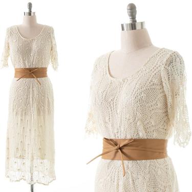 Vintage 1990s does 70s Dress | 90s Cream White Crochet 1970s Style Maxi Bohemian Festival Indian Cotton Dress (large) 