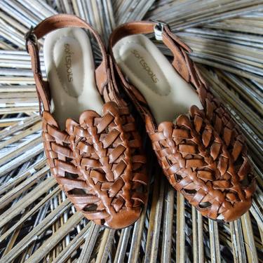Vintage Brown Woven Leather Huarache Sandals Size 6.5 6 1/2, Comfortable 90s Fashion Slip On Tan Summer Shoes, Low Wedge Slingback Close Toe 
