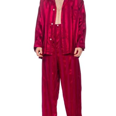 1940S Maroon Rayon Men's Satin Stripe Pajamas Large Size 