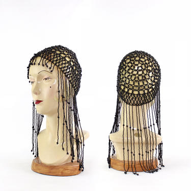 1970s Beaded Headdress - Vintage Beaded Headdress - Black Beaded Headdress - 1970s Disco Headdress - Vintage Beaded Fringe Hat - Headdress 