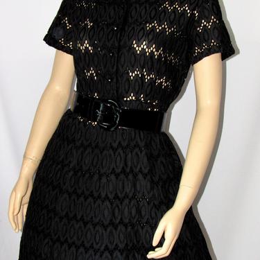 Vintage 40s Black Eyelet Day Dress M 