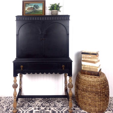 Gorgeous black antique petite hutch, cabinet, storage, armoire 