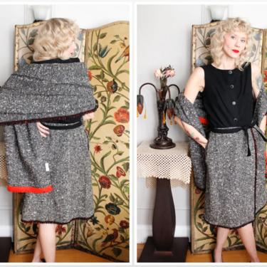1950s Skirt + Shawl // Salt & Pepper Wool Wrap Skirt and Shawl // vintage 50s set 